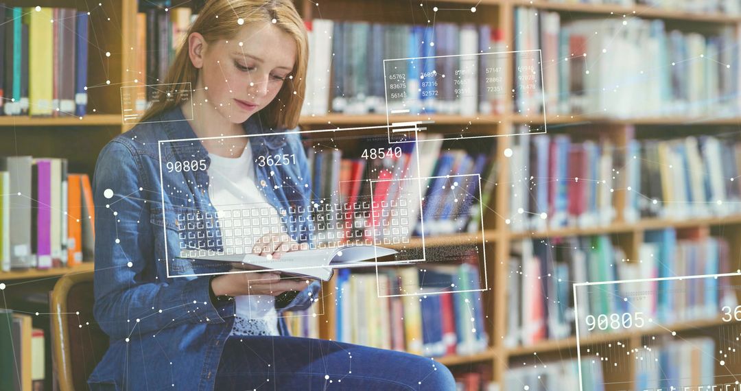 Woman Reading Book in Library with Futuristic Digital Interface