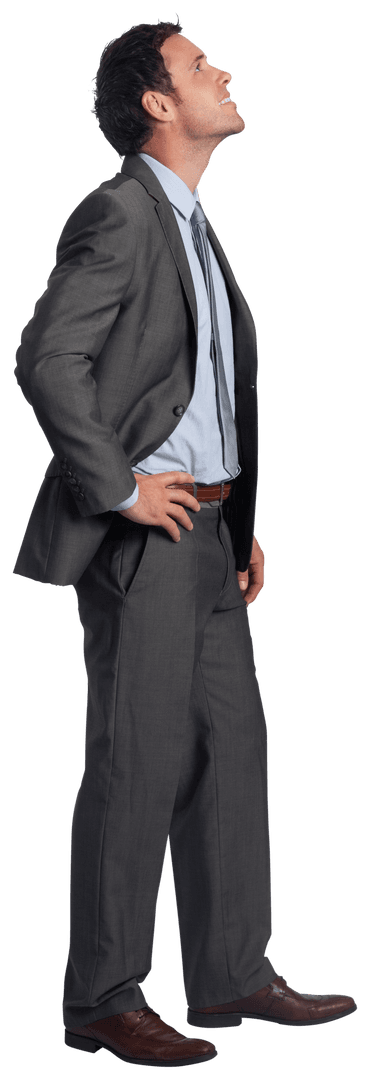 Transparent Businessman Smiling in Suit with Hands on Hips