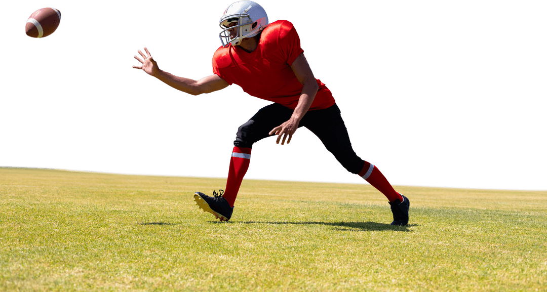 Football Player Catching Mid-Air Ball on Transparent Background