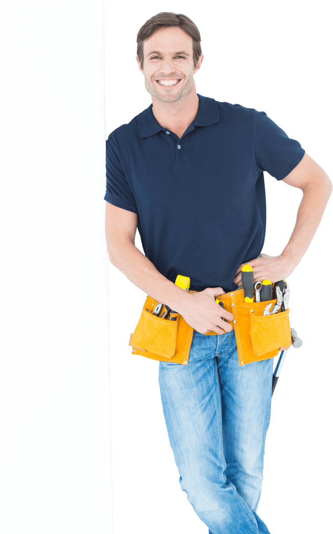 Confident Handyman Leaning with Tool Belt in Transparent Background