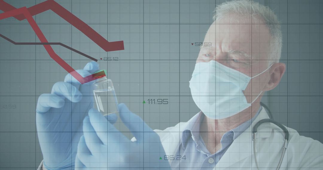 Doctor in Lab Examining Vial with Data Overlay and Mask