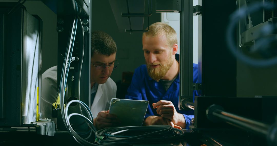 Male Engineers Collaborating on Complex Machinery in High-Tech Facility - Free Images, Stock Photos and Pictures on Pikwizard.com