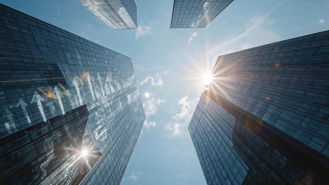 Sunlit Skyscrapers with Reflected Arrows Symbolizing Growth
