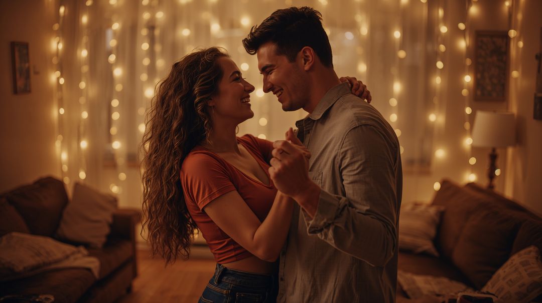 Dancing Couple in Cozy Living Room with Warm String Lights and Intimate Mood