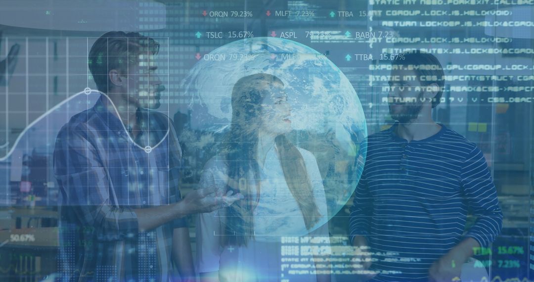 Innovative Tech Team Analyzing Financial Data with Holographic Displays