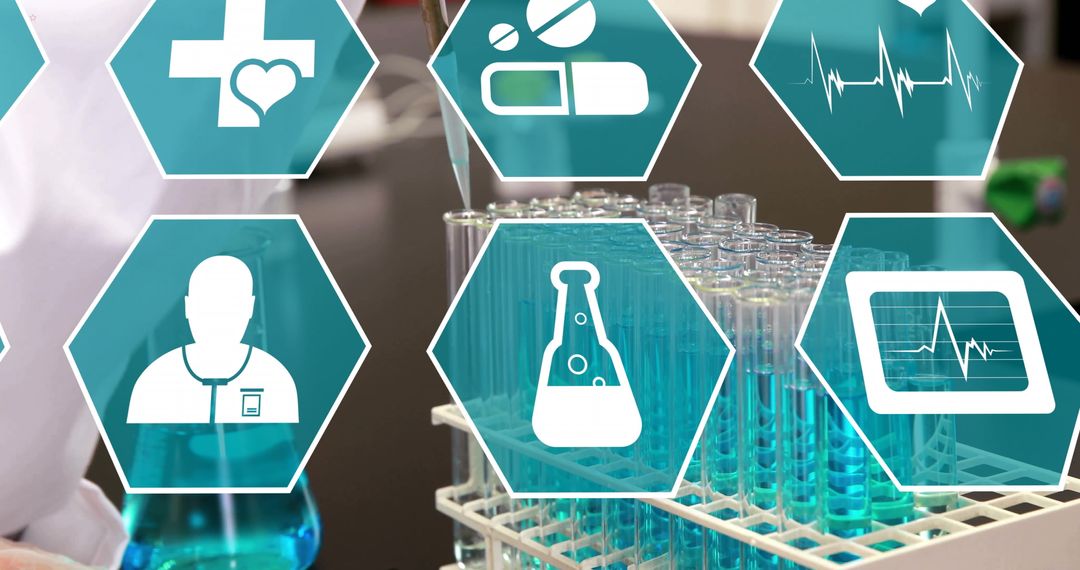 Digital Overlay of Medical and Laboratory Icons Over Scientist Workspace