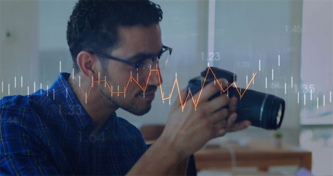 Business Professional Analyzing Data with Camera in Modern Office