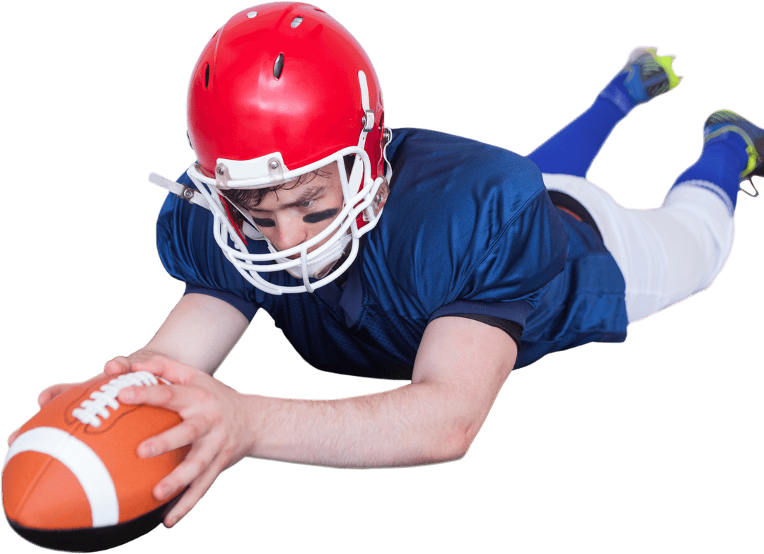 Athlete in Red Helmet Diving for Touchdown on Transparent Background