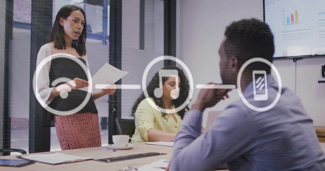 Businesswoman Presenting in Meeting Room with Digital Interface Overlay