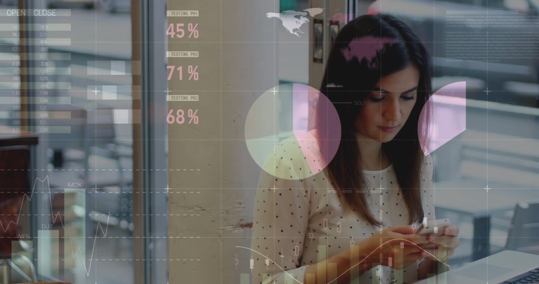 Businesswoman Using Smartphone With Futuristic Data Overlay