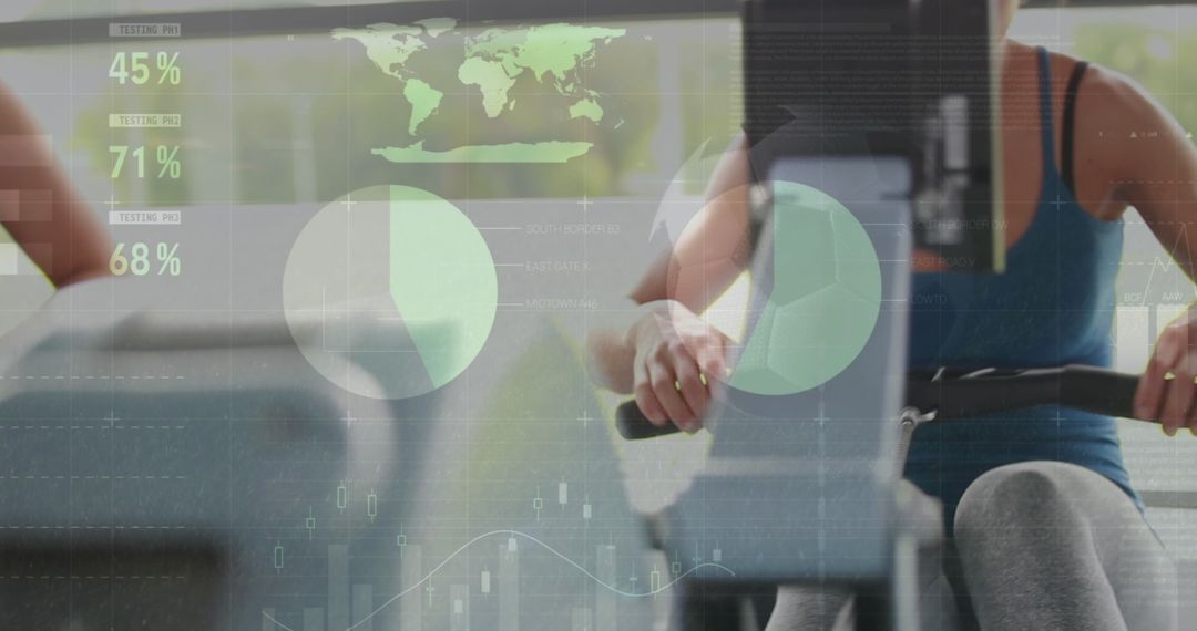 Caucasian Women Rowing with Futuristic Data Analysis Overlay Film Effect