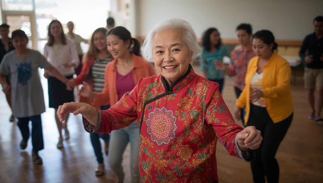 Senior Instructor Leading Group in Dance Class with Joyful Expression