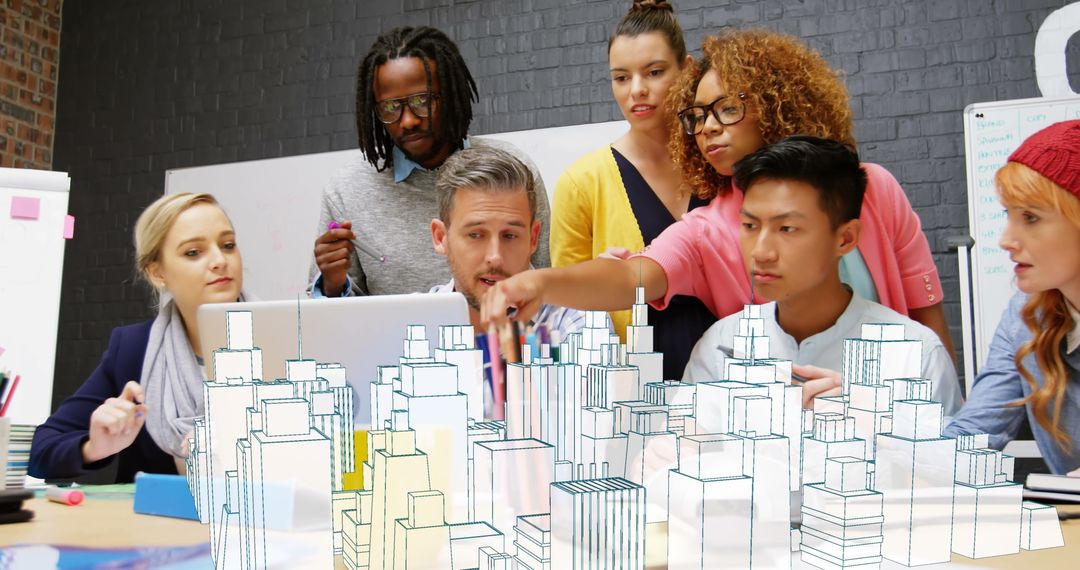 Diverse Team Collaborates with Virtual City Model in Creative Office