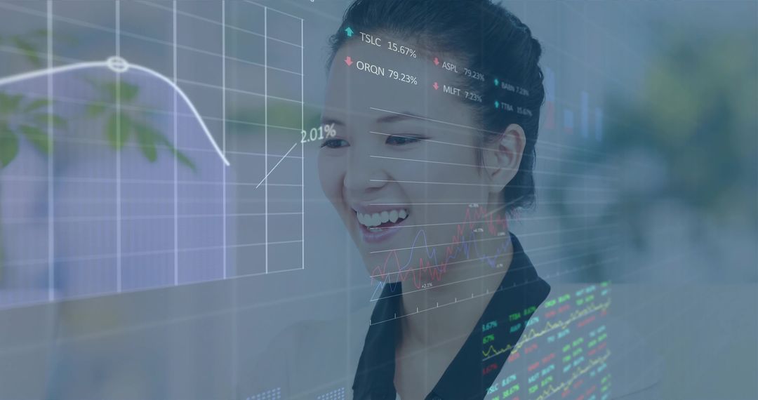 Businesswoman Analyzing Financial Charts on Digital Display in Office