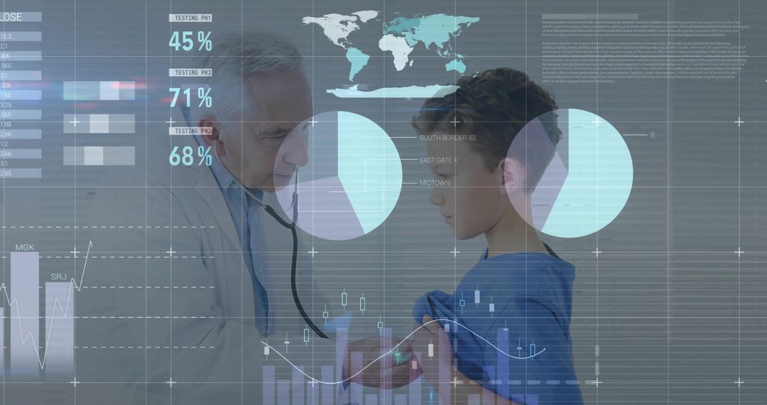 Pediatrician listening to boy with stethoscope as medical data visualization overlays
