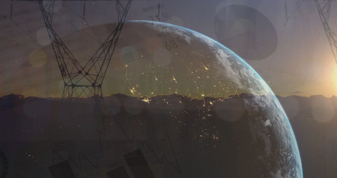 Earth Rising with Power Towers and Digital Charts Symbolizing Technology