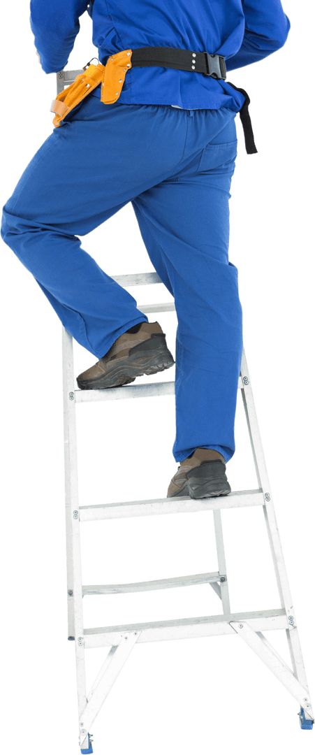 Repairman Climbing Step Ladder Against Plain Background
