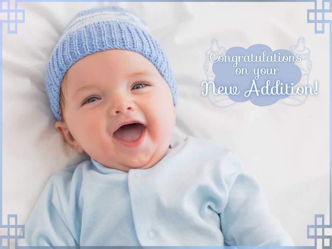 Laughing Baby in Blue Outfit with Congratulatory Message - Download Free Stock Templates Pikwizard.com