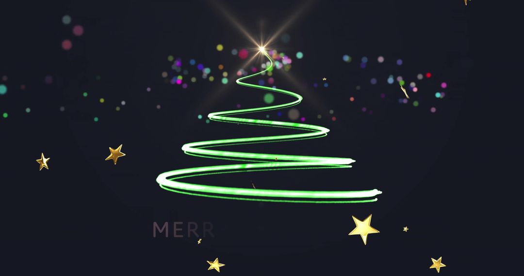 Digital Christmas Tree with Falling Stars on Dark Background