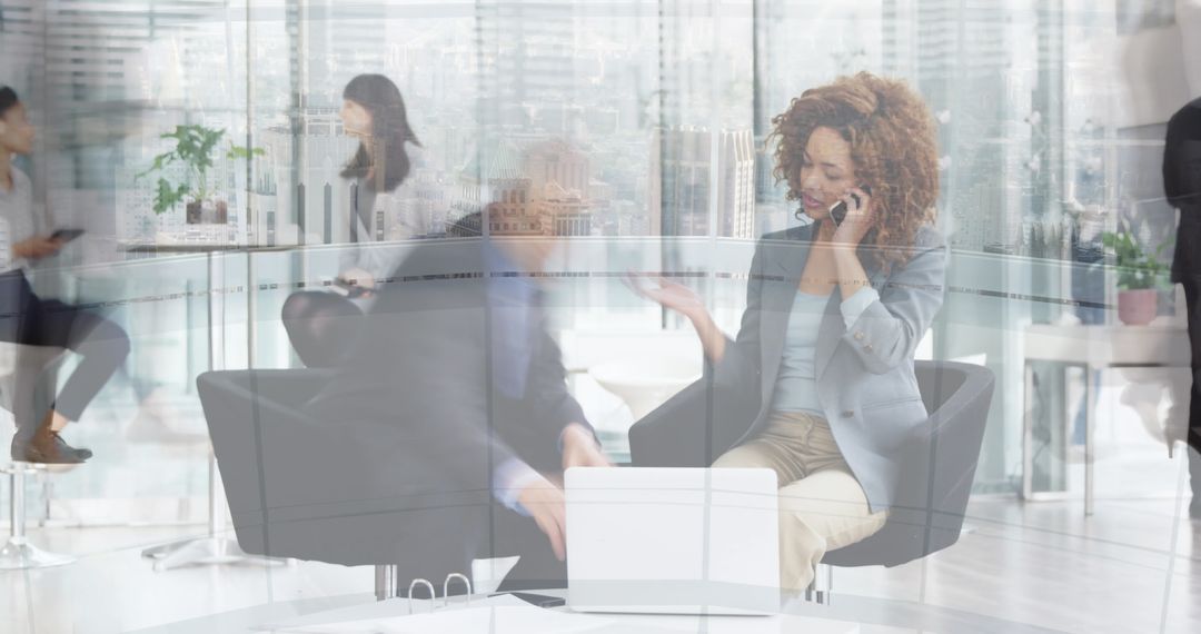 Blurred Pedestrians Overlapping Office Meeting Scene