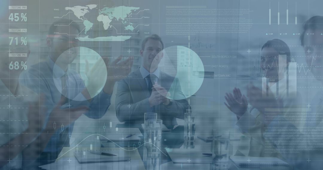 Business Meeting with Digital Data Charts Overlay