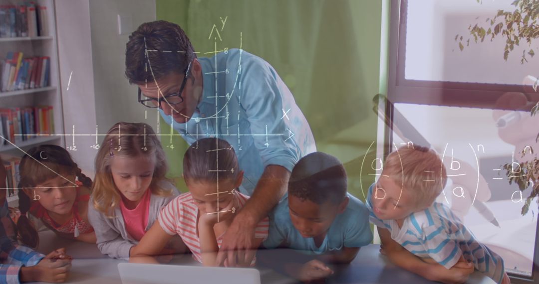 Diverse Children Engaged in Class with Teacher Overlapping Mathematical Formulas