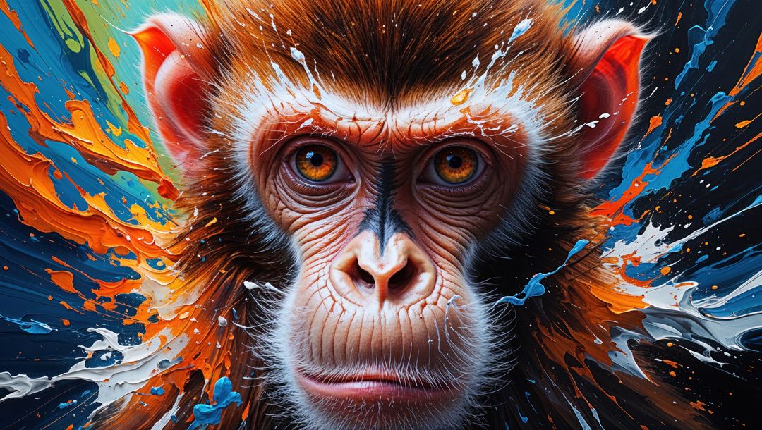 Vibrant monkey portrait with crazy splashing abstract colors