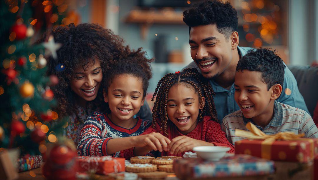 Joyful Family Decorating Cookies by Festive Christmas Tree