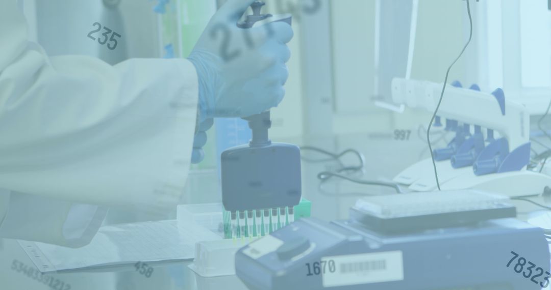 Scientist Handling Laboratory Equipment with Statistical Overlay for COVID-19 Research