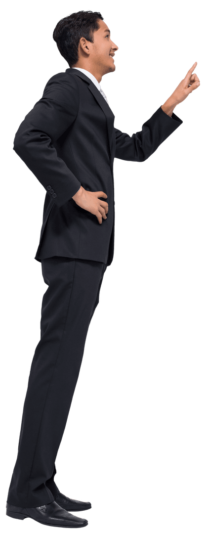 Smiling Asian Businessman Pointing Analytically Transparent Background