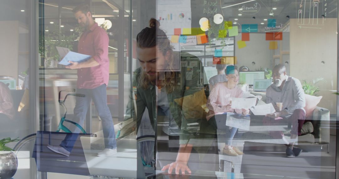 Composite Image of Office Workers and Businessman with Laptop in Modern Office