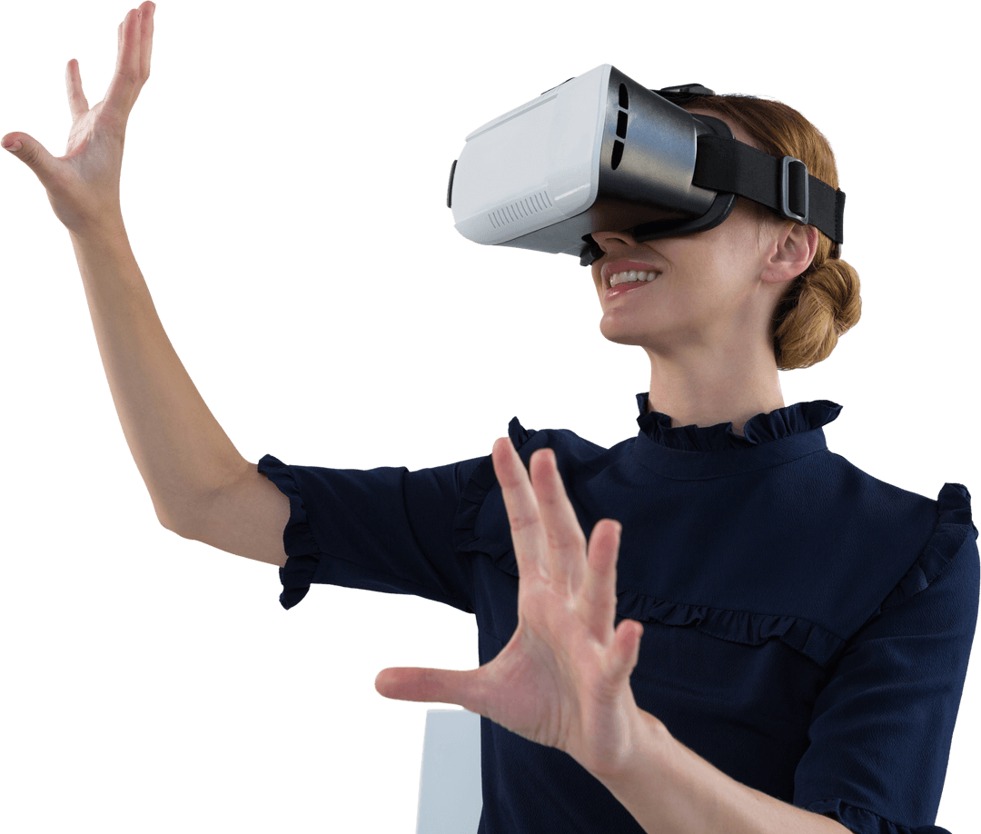 Happy Caucasian Woman Using VR Headset Against Transparent Background