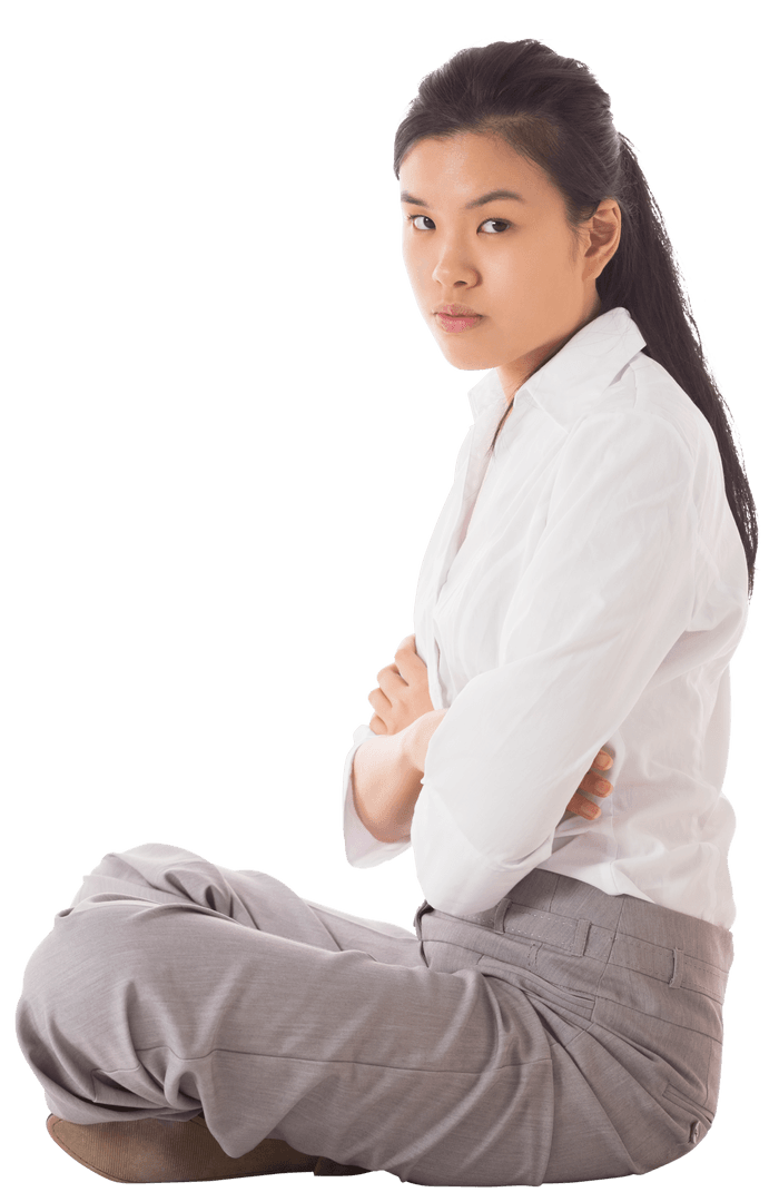 Transparent Businesswoman Sitting Cross-Legged in Relaxed Pose