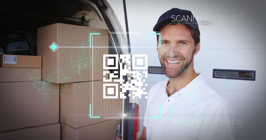 QR Code Scanner Digital Interface over Smiling Delivery Driver