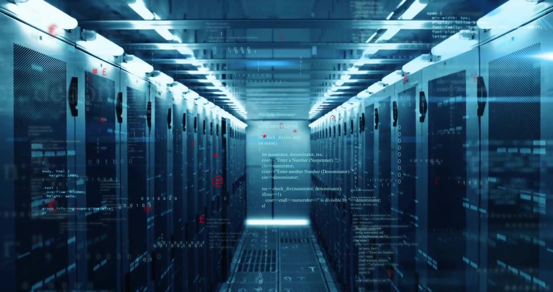 Futuristic Data Center Corridor with Code Projections