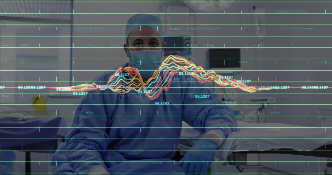 Surgeon in OR with Data Overlay Illustrating Medical Technology Advancements