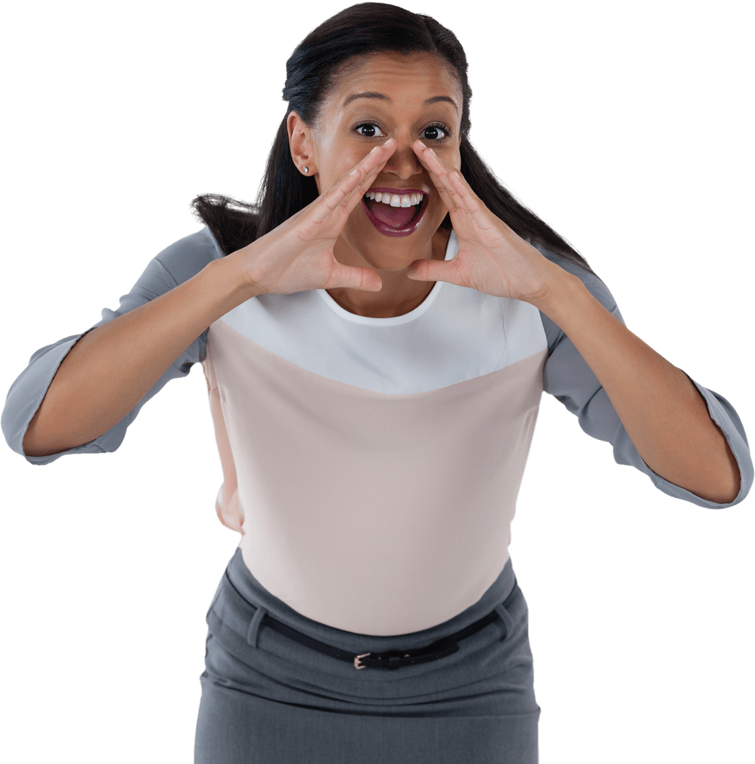 Cheerful Businesswoman Announcing News with Transparent Background