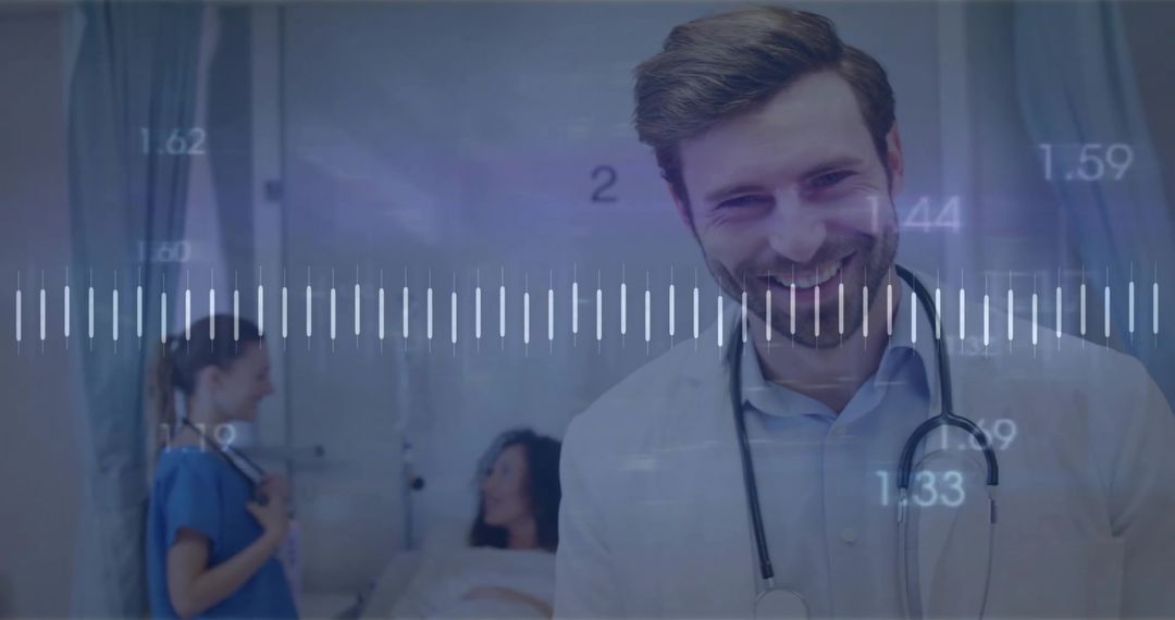 Smiling Doctor Consulting Patient with Medical Waveform Overlay