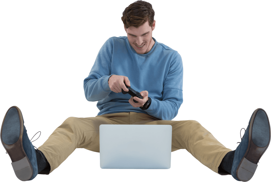 Happy Gamer Enjoying Video Game on Transparent Laptop Screen