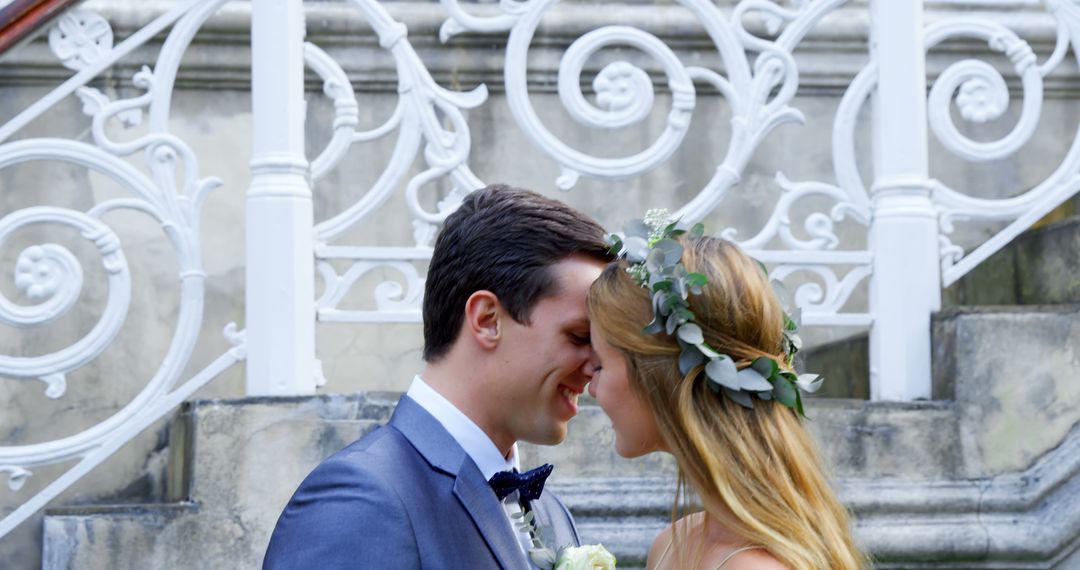 Romantic Couple Embracing on Wedding Day in Front of Ornate Staircase - Free Images, Stock Photos and Pictures on Pikwizard.com