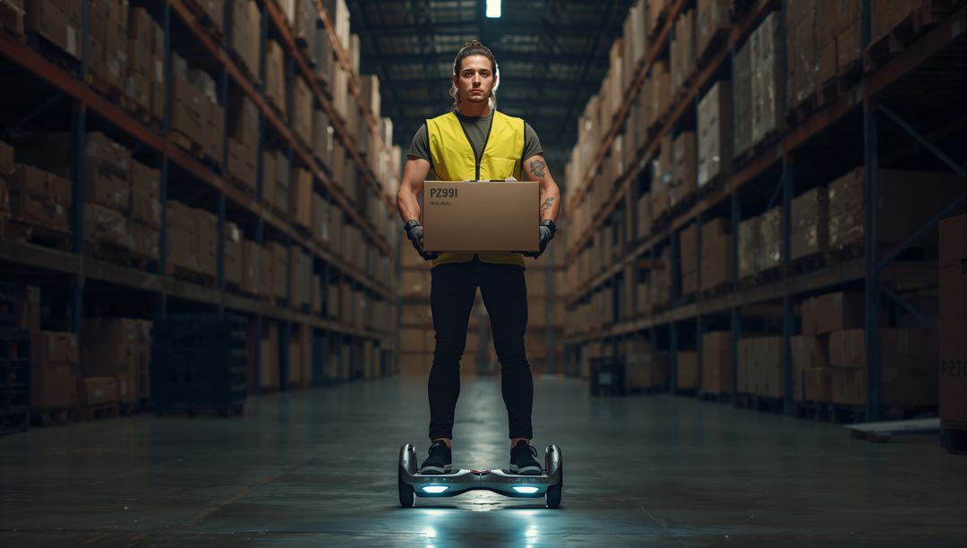 Worker Balancing on Hoverboard Holding Industrial Package