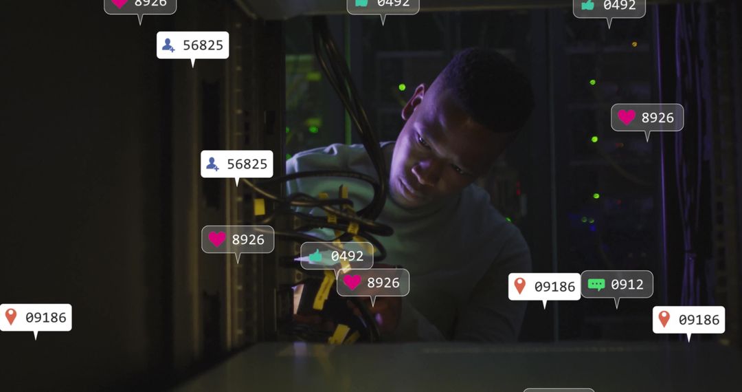 Technician Maintaining Server Cables with Social Notification Overlays