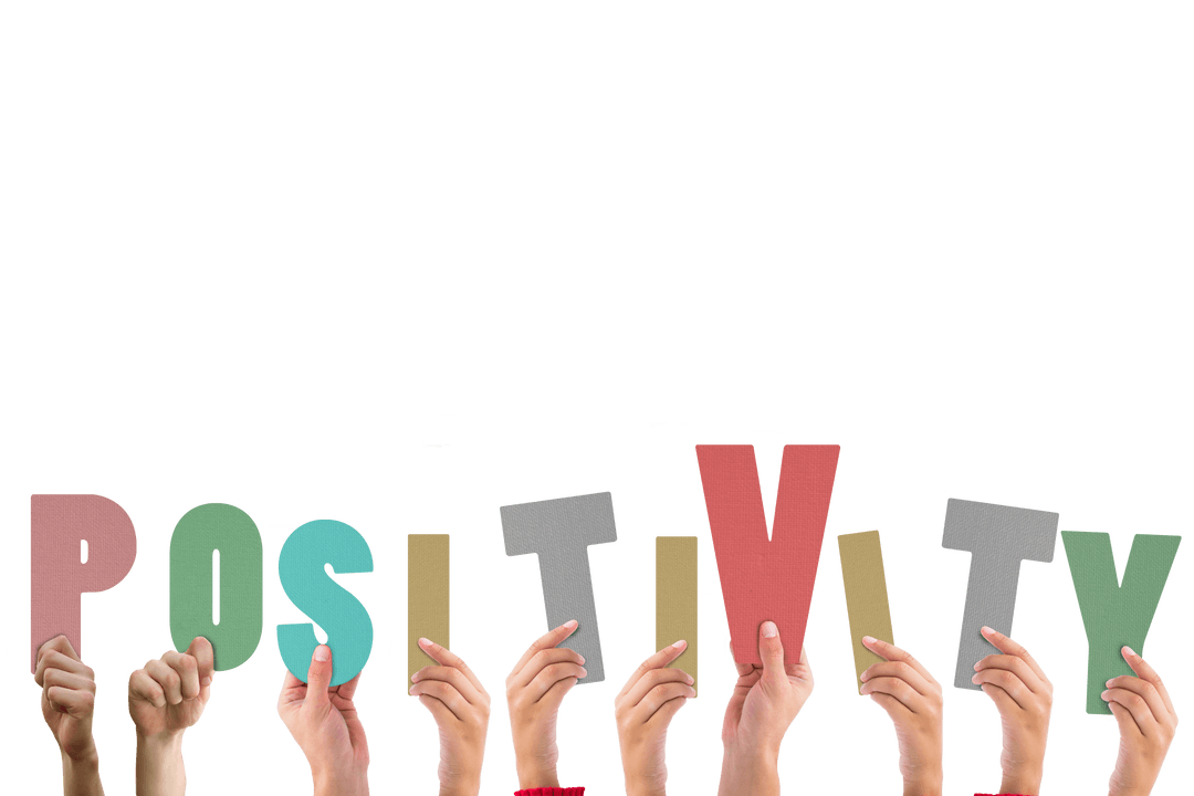 Diverse Hands Holding Colorful Positivity Letters on Transparent Background