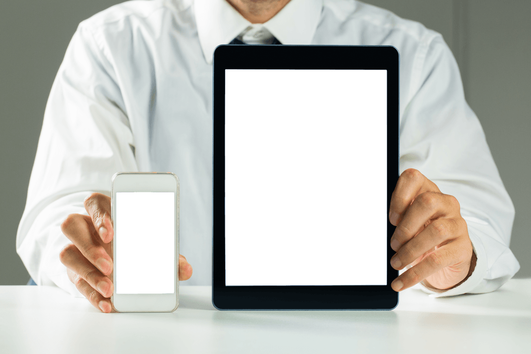 Caucasian Man Displaying Electronic Devices on Transparent Background