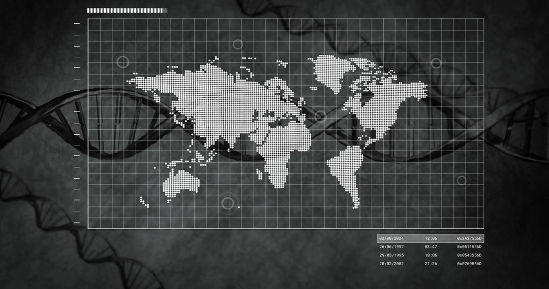 Digital Pixel World Map on Grid with DNA and Data Overlay