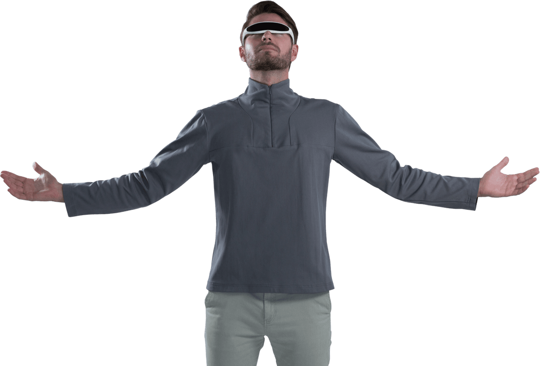 Man with virtual reality glasses in open arm gesture, transparent background