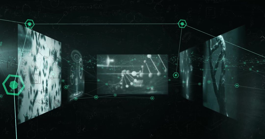 Network of digital screens displaying science data and connections