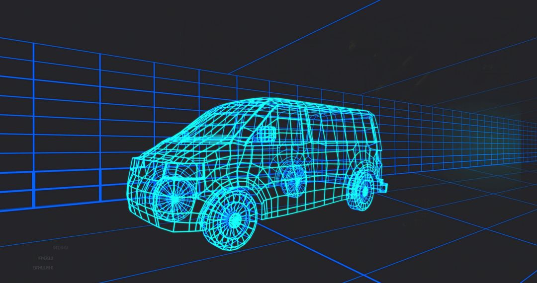 Futuristic Wireframe Van in Digital 3D Modeling Space