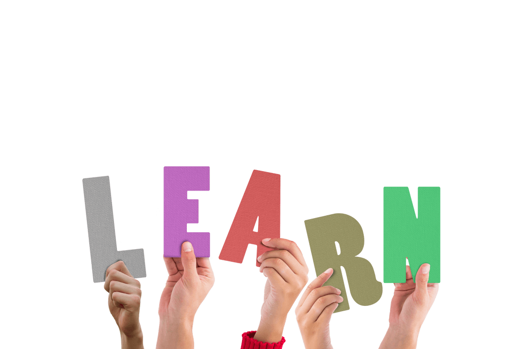 Hands Holding Colorful Learn Letters on Transparent Background