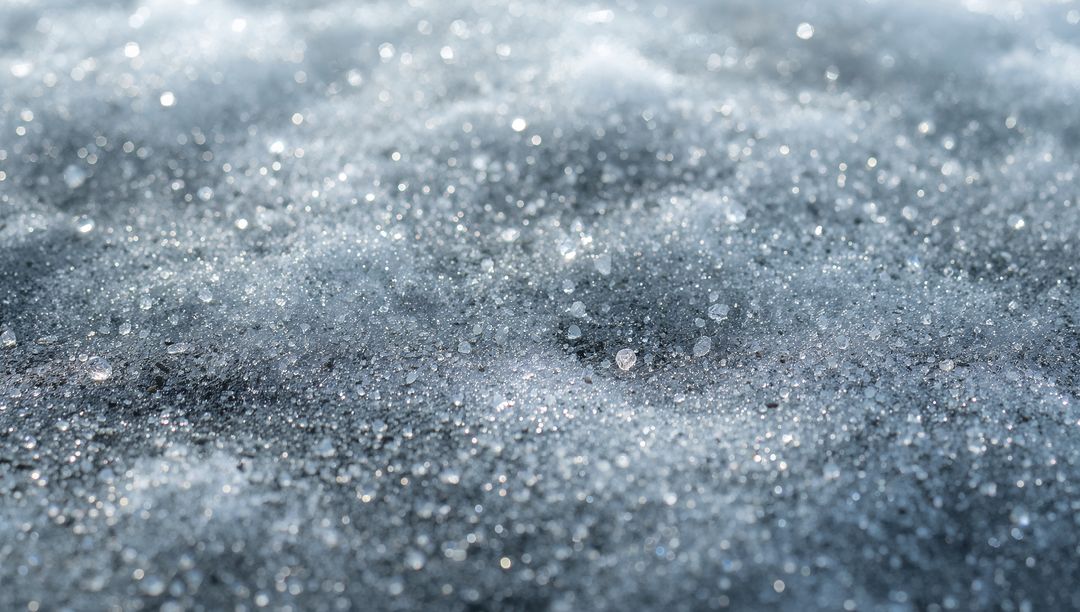 Macro sparkling snow crystals covering frozen ground with bokeh frost texture and shimmer